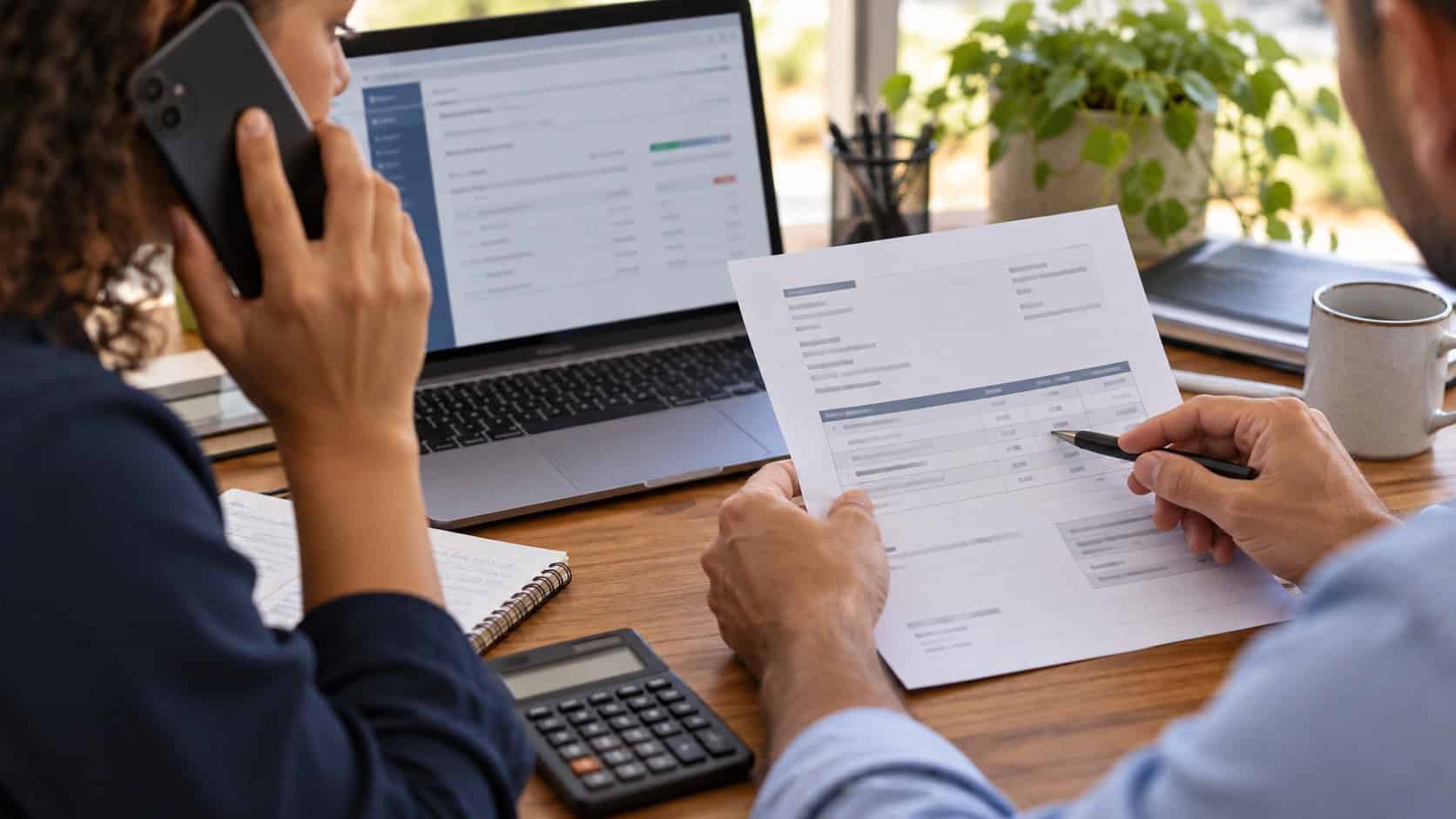 Equipe confere uma cobrança de fornecedor e confirma dados por telefone antes do pagamento.