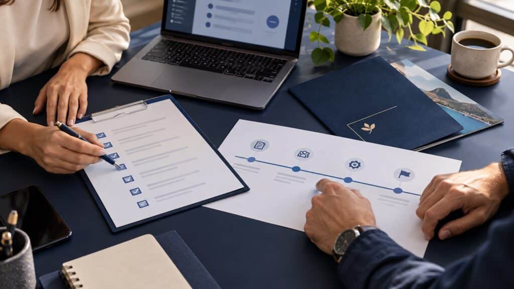 Equipe revisa checklist e etapas do início do atendimento a um novo cliente.