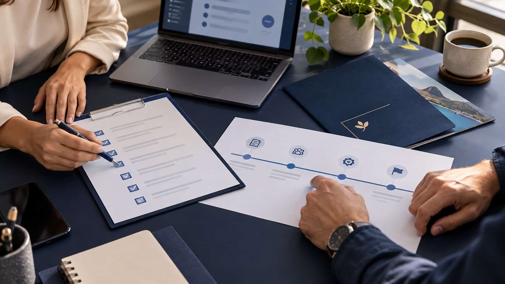 Equipe revisa checklist e etapas do início do atendimento a um novo cliente.