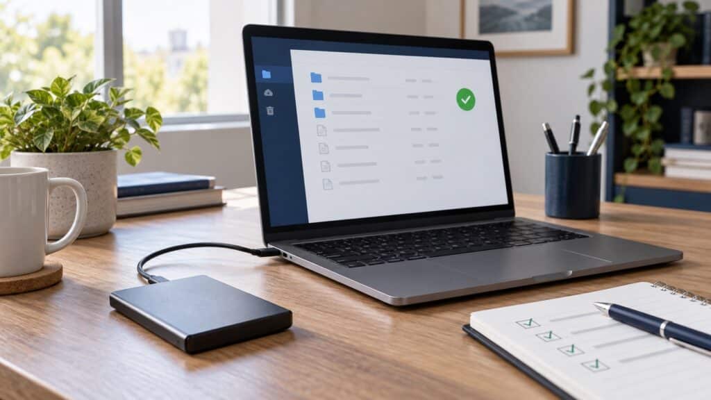 Notebook conectado a uma unidade externa de backup, com lista de arquivos e checklist sobre a mesa.
